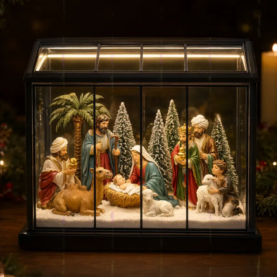 Presépio Encanto de Belém em casinha de vidro iluminada
