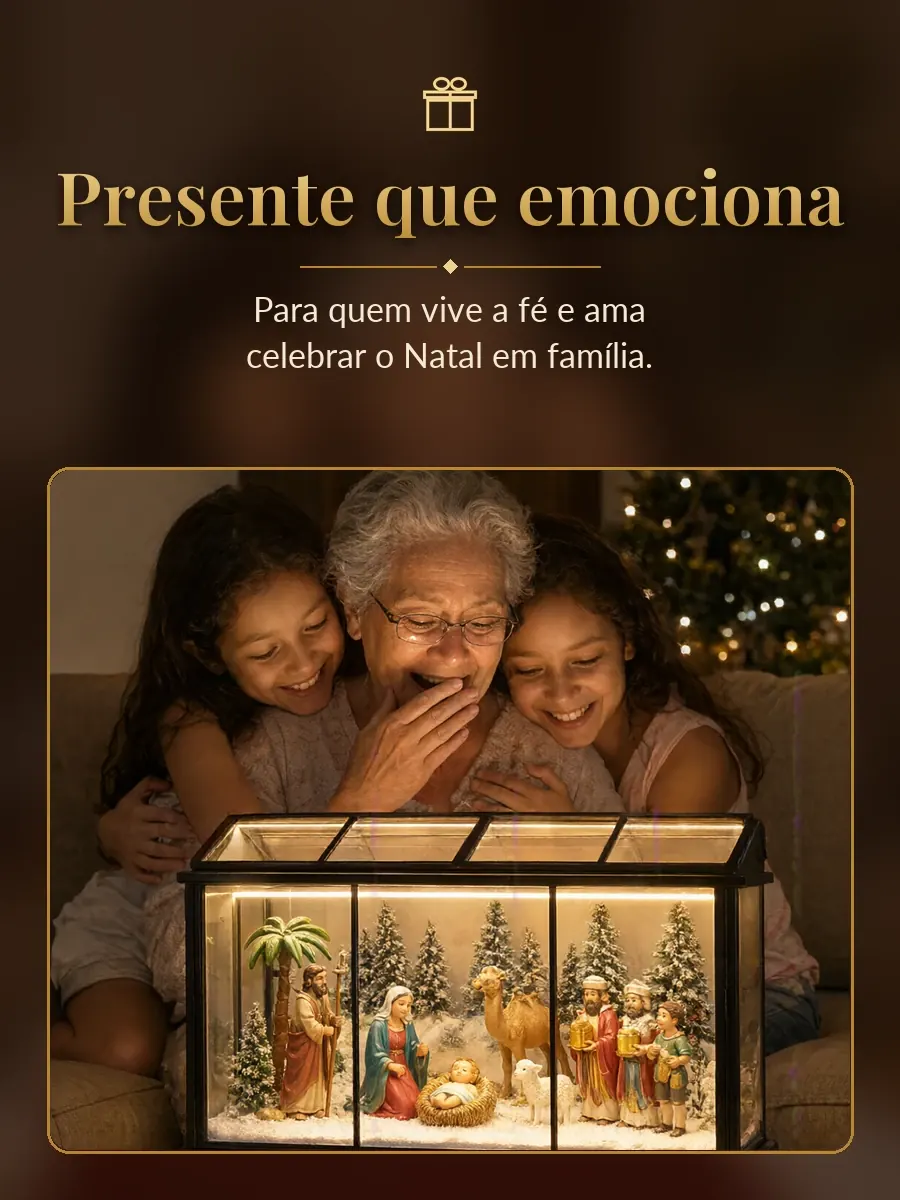 Presépio iluminado na estante